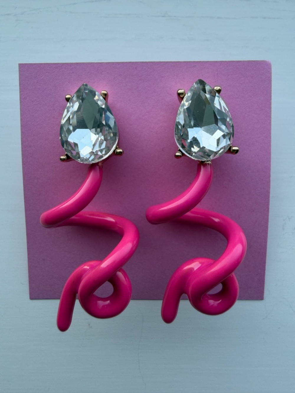Hot Pink Enamel Spiral Squiggle Drop Earrings with White Teardrop Stone